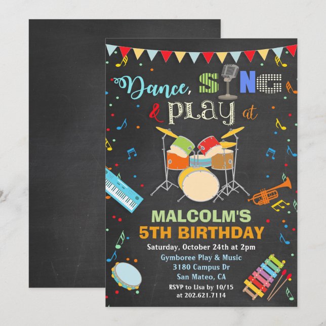 TOUT ÂGE - Boy Music Anniversaire Chalk Invitation (Devant / Derrière)