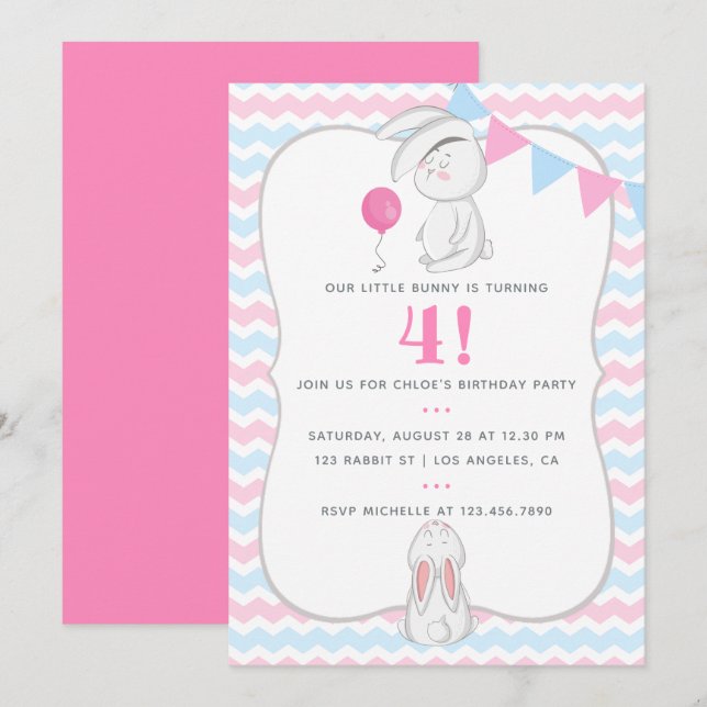 Tout âge Lapin thème Anniversaire Fête Invitation (Devant / Derrière)
