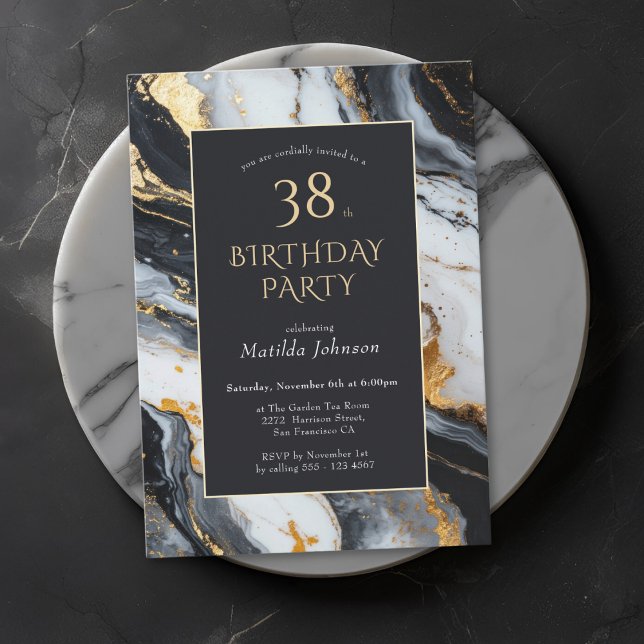 Tout âge Marbre noir et or Invitation Anniversaire (Any Age Black and Gold Marble Birthday Invitation)