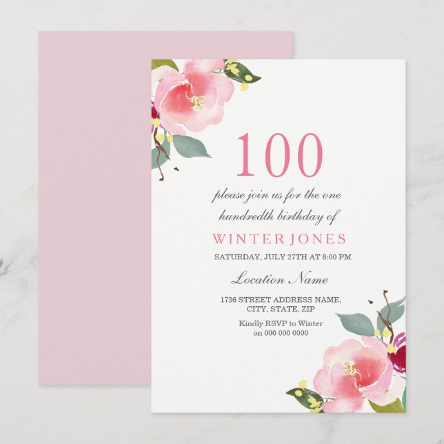 Tout âge rose floral 100e anniversaire Invitation  (Devant / Derrière)