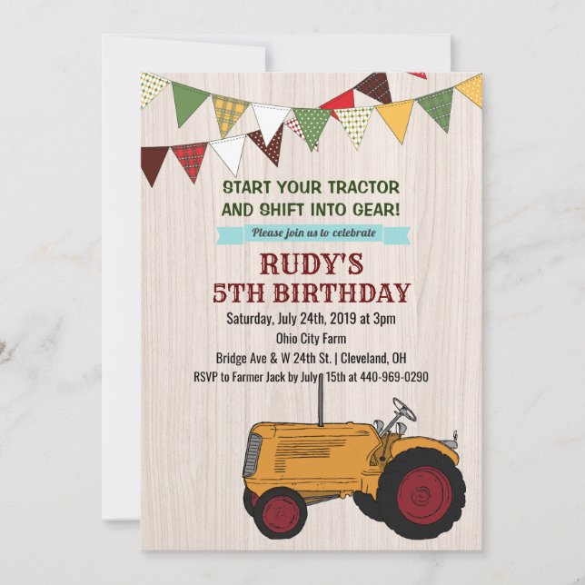 TOUT ÂGE - Tracteur Vintage Invitation d'anniversa (Devant)