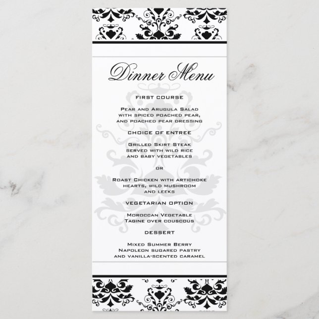 Tout blanc avec noir Damask Slim Dinner Menu (Devant)