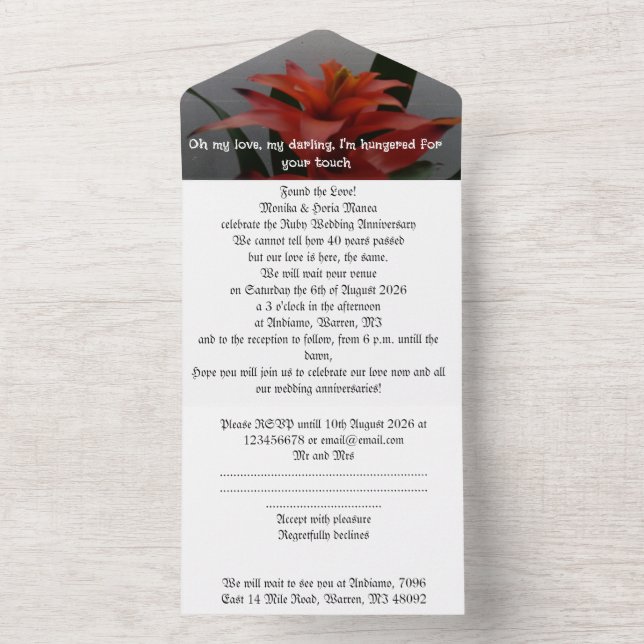 Tout En Un 40e anniversaire mariage invitation ruby rain mot (À l'intérieur)