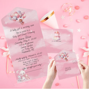 Tout En Un Baby Girl Pink Nuages Ballons Douche Invitation