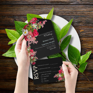Tout En Un Élégante invitation de mariage florale noire et co