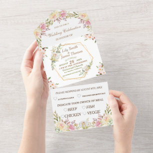 Tout En Un Fleurs rose et blanc mariage tout-en-un invitation