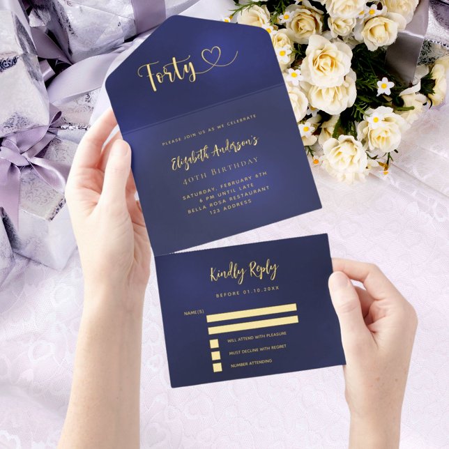 Tout En Un Invitation 40e anniversaire marine bleu or rsvp (Créateur téléchargé)