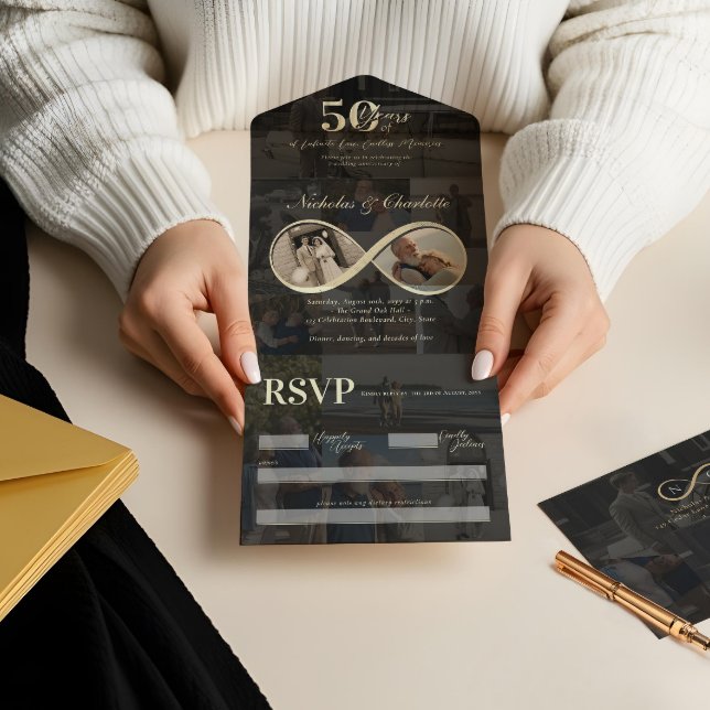 Tout En Un Invitation 50 ans Amour Infinity Photo Collage Anniversaire (50 Years Love Infinity Photo Collage Anniversary All In One Invitation)