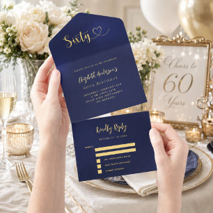 Tout En Un Invitation 60e anniversaire marine bleu or rsvp