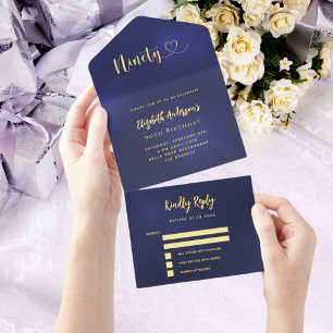 Tout En Un Invitation 90e anniversaire marine bleu or rsvp