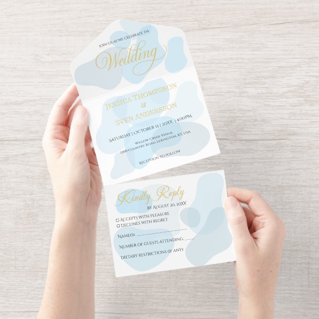 Tout En Un Invitation Abstrait moderne bleu minimaliste Mariage artistiq (Détachable)