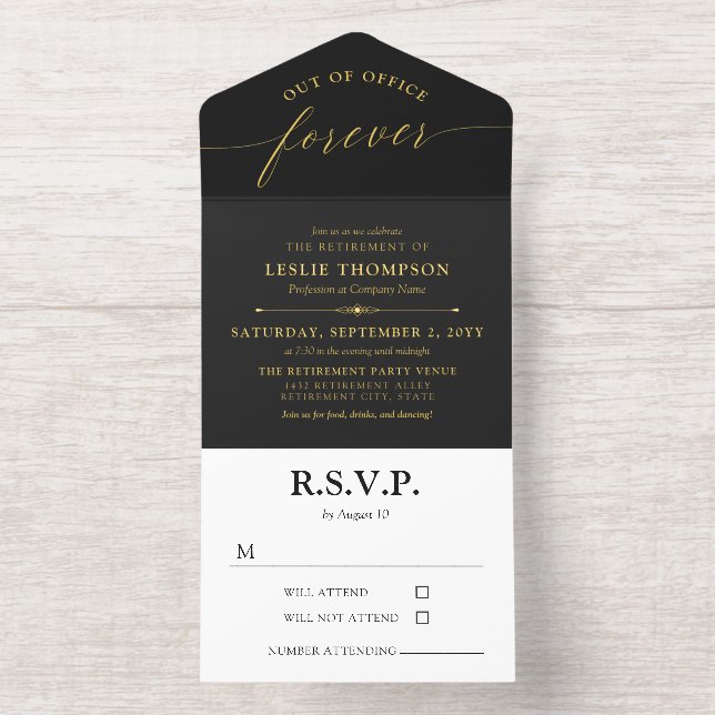 Tout En Un Invitation Black Gold Out of Office Forever Retirement Party (Intérieur)