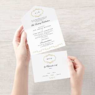 Tout En Un Invitation blanc noir formel or crête monogramme mariage