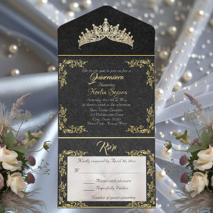 Tout En Un Invitation Cadre de Quinceañera Tiara et feuille de papier d'