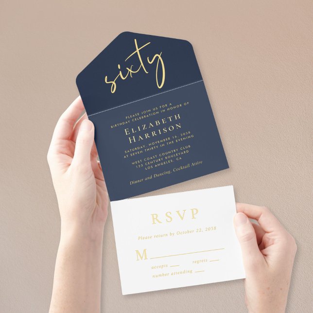 Tout En Un Invitation Chic Script Blue 60e fête d'anniversaire (Créateur téléchargé)