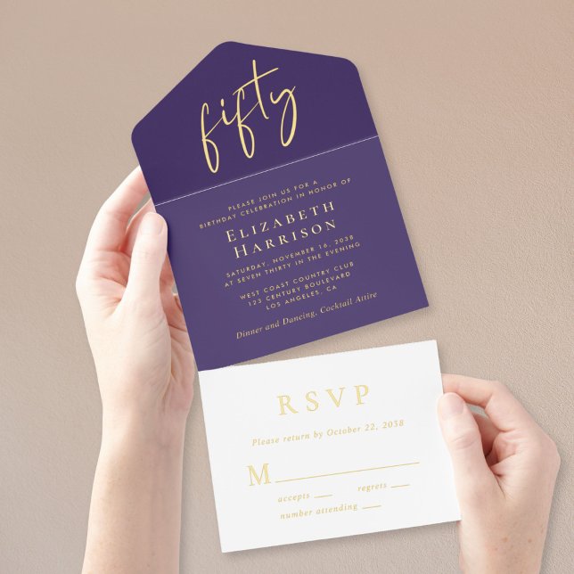 Tout En Un Invitation Chic Script Purple 50e fête d'anniversaire (Créateur téléchargé)