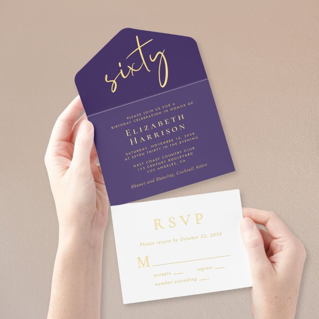Tout En Un Invitation Chic Script Purple 60e fête d'anniversaire (Créateur téléchargé)