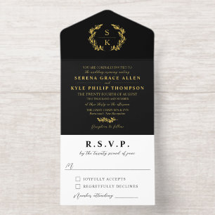 Tout En Un Invitation Couronne de laurier de monogramme de mariage en or