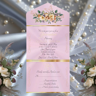 Tout En Un Invitation Crème Floral sur Quinceanera Pastel - Rose
