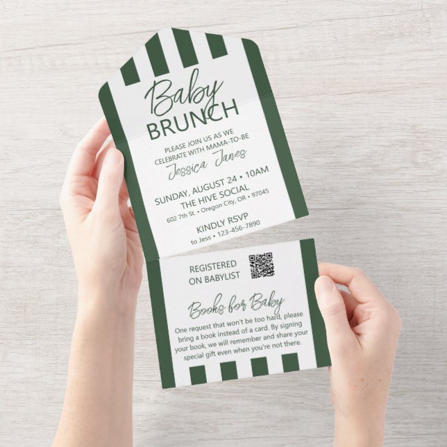 Tout En Un Invitation de Brunch Bébé à rayures vertes avec ca (Déchirure)