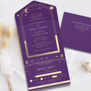 Tout En Un Invitation de mariage Soleil Lune Étoiles Or Viole