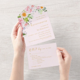 Tout En Un Invitation de soirée trifoldie RSVP florale rose c