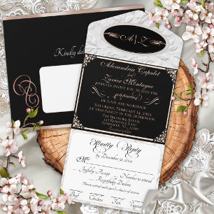 Tout En Un Invitation Écriture élégante, monogramme et cadre - Noir/or r