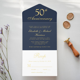 Tout En Un Invitation Élégant 50e anniversaire de Mariage Blue Gold
