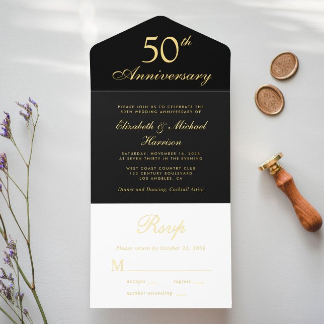 Tout En Un Invitation Élégant Black Gold 50e anniversaire Mariage (Créateur téléchargé)