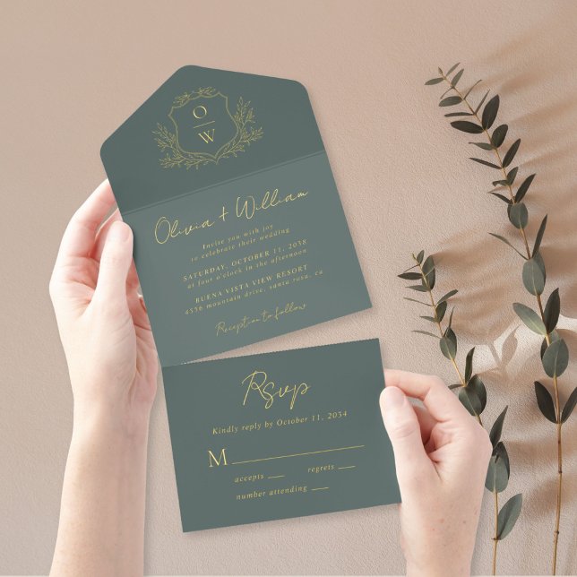 Tout En Un Invitation Élégant Crest Monogramme Script Sage Mariage (Créateur téléchargé)