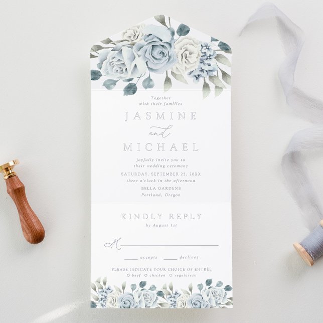 Tout En Un Invitation Elegant Dusty Blue Floral Foil Wedding (Créateur téléchargé)