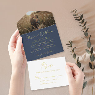 Tout En Un Invitation Élégant Mariage photo de script bleu