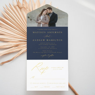 Tout En Un Invitation Elegant Marine Gold Foil Calligraphie Mariage phot