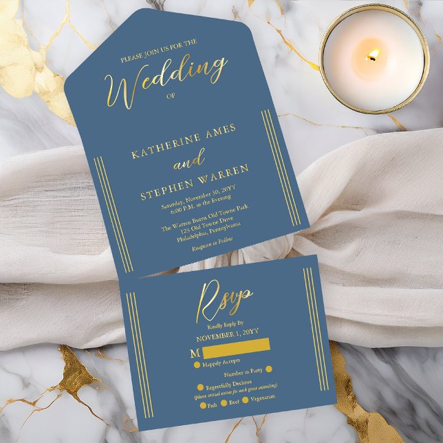 Tout En Un Invitation Elegant Modern Coastal Blue Minimalist Wedding (Elegant Modern Coastal Blue Minimalist Wedding AllinOne Gold Foil (inside See Descript.) Invitation)