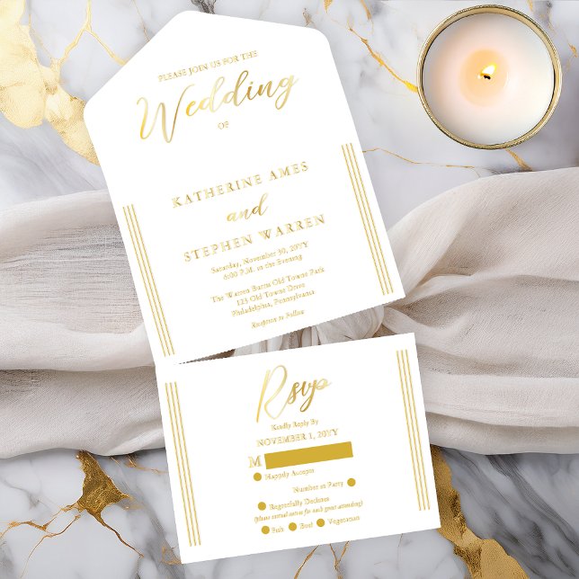 Tout En Un Invitation Elegant Modern White Minimalist Wedding (Elegant Modern White Minimalist Wedding All in One Gold Foil (inside--See Description) Invitation)