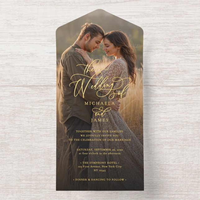 Tout En Un Invitation Élégant Moderne Calligraphie Script Mariage photo (Intérieur)
