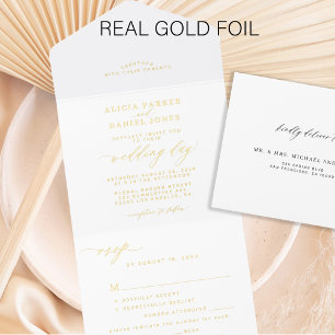 Tout En Un Invitation Élégant papier mariage blanc or