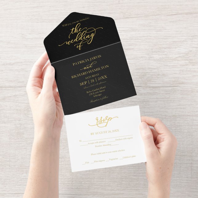Tout En Un Invitation Élégante calligraphie or Mariage noir (Détachable)