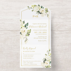 Tout En Un Invitation Élégante Mariage Fleurale Crème Blanche Délicate