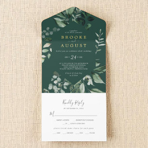 Tout En Un Invitation Emerald Green Dark Green Leaf Gold Mariage