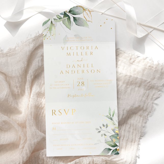 Tout En Un Invitation Eucalyptus Greenery Gold Leaves Botanical Wedding (Créateur téléchargé)