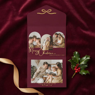 Tout En Un Invitation Famille Bourgogne Or Élégant Noël Arche Nœud