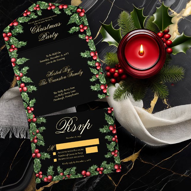 Tout En Un Invitation Fête de Noël Elegant Holly et Berries (Elegant Holly and Berries Frame Christmas Party All in One Invitation - Black Background)