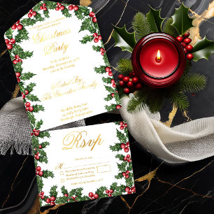 Tout En Un Invitation Fête de Noël Elegant Holly et Berries