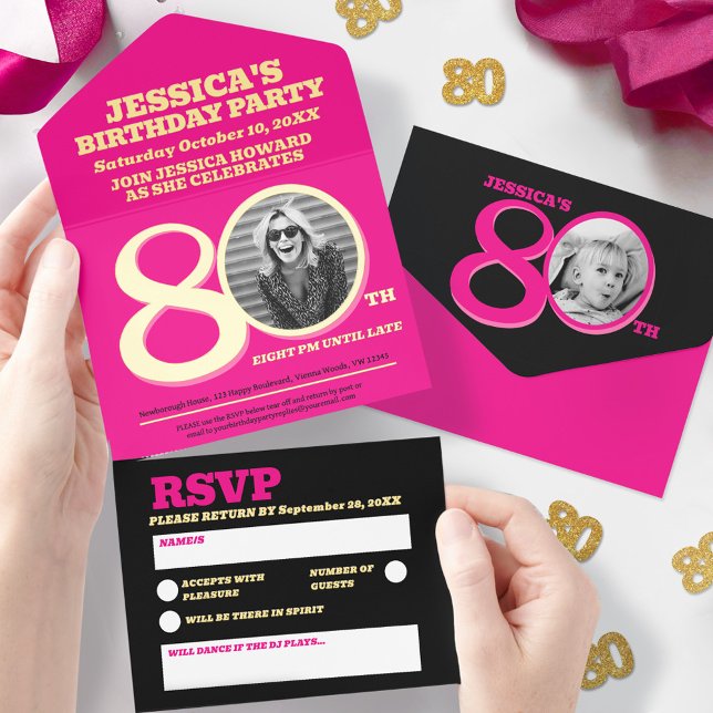 Tout En Un Invitation Feuil rose moderne deux photos 80e anniversaire (Créateur téléchargé)