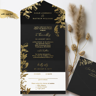 Tout En Un Invitation Feuilles sophistiqués à huile noire et or
