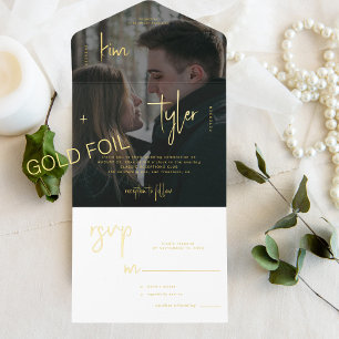Tout En Un Invitation Flèche d'or minimaliste moderne photo mariage RSVP