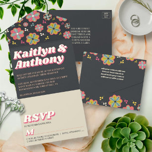 Tout En Un Invitation Flower Power 70's Retro Super Mariage Real Foil