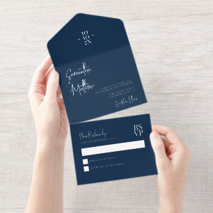 Tout En Un Invitation Mariage à huile d'argent moderne bleu marine