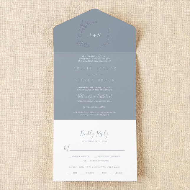 Tout En Un Invitation Mariage Boho moderne à feutre bleu minimum (Minimal Leaf Blue Silver Foil Modern Boho Wedding All In One Invitation)